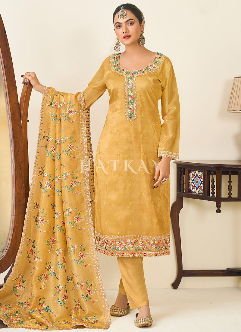 Yellow Embroidery Pant Style Suit