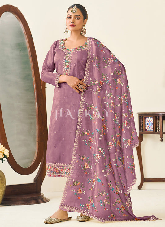 Purple Embroidery Pant Style Suit