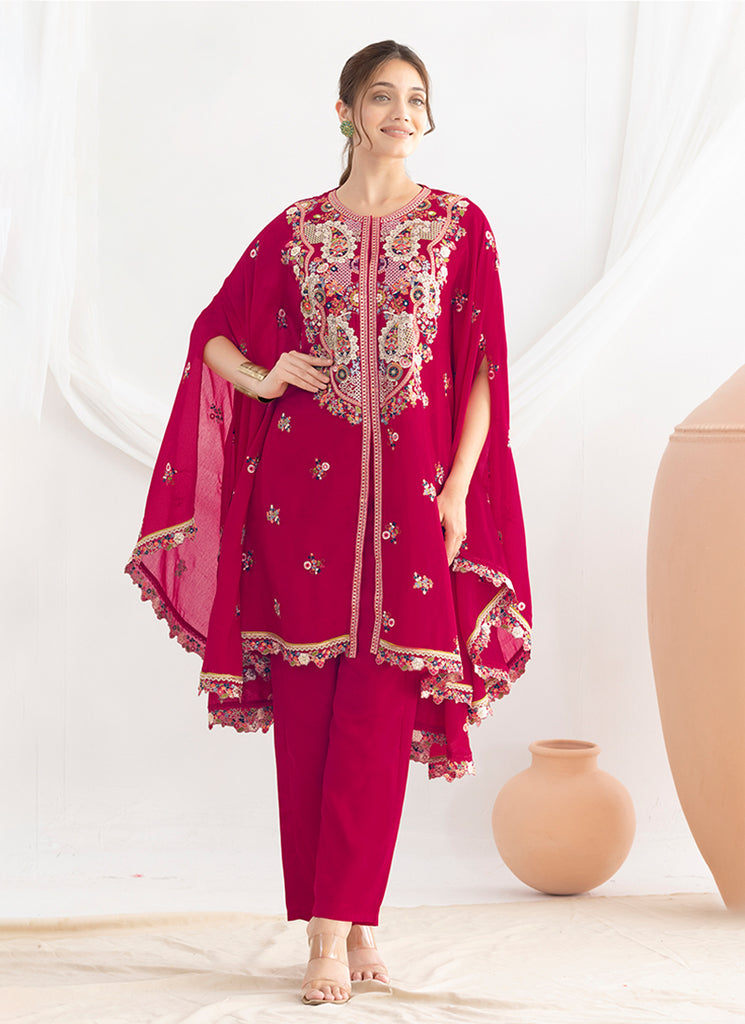 Magenta Pink Floral Embroidery Kaftan Style Pant Suit