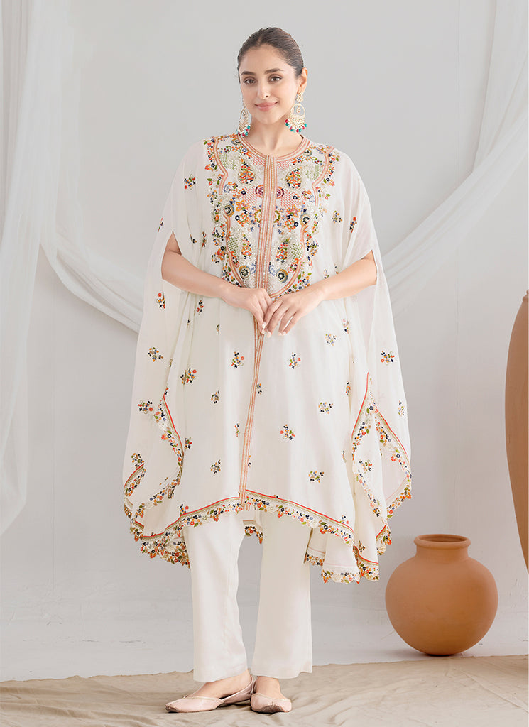 Off White Floral Embroidery Kaftan Style Pant Suit