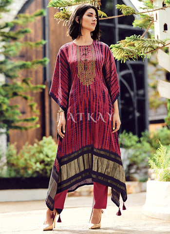 Cherry Red Embroidery Kaftan Style Pant Suit