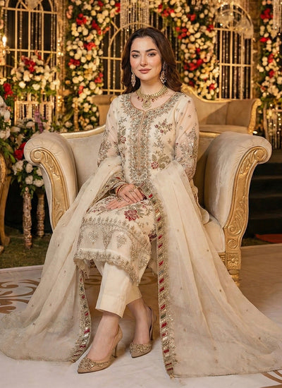 Off White Embroidery Pakistani Style Pant Suit