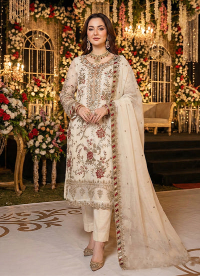 Off White Embroidery Pakistani Style Pant Suit