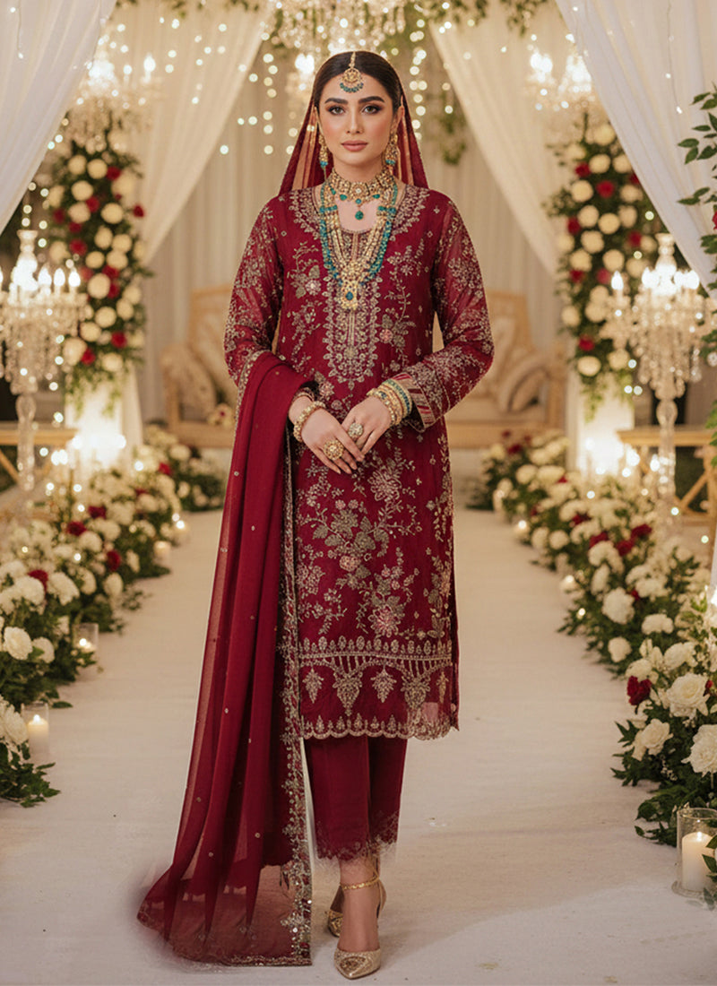 Maroon Embroidery Pakistani Style Pant Suit