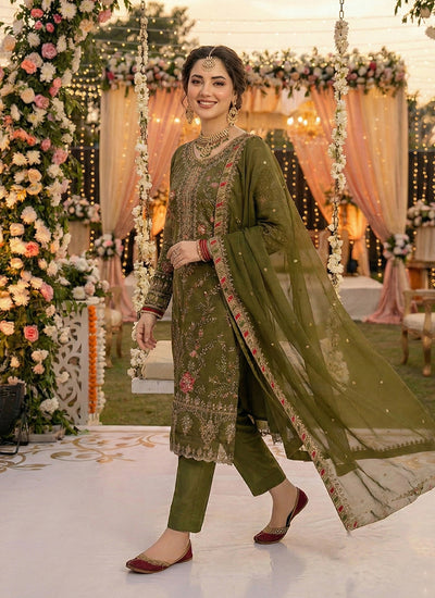 Olive Green Embroidered Pakistani Style Pant Suit