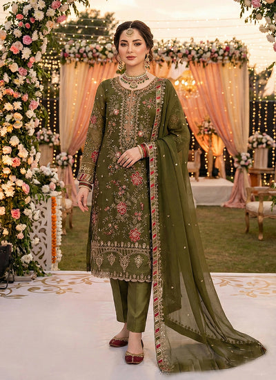 Olive Green Embroidered Pakistani Style Pant Suit