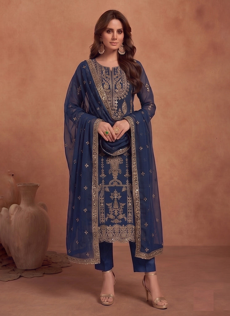 Navy Blue Embroidery Georgette Pakistani Style Pant Suit