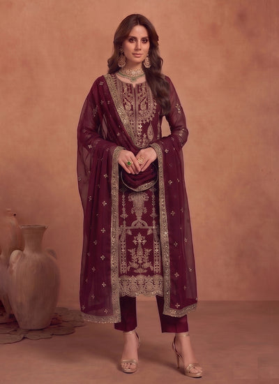 Maroon Embroidery Georgette Pakistani Style Pant Suit