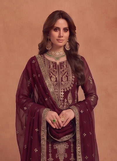 Maroon Embroidery Georgette Pakistani Style Pant Suit