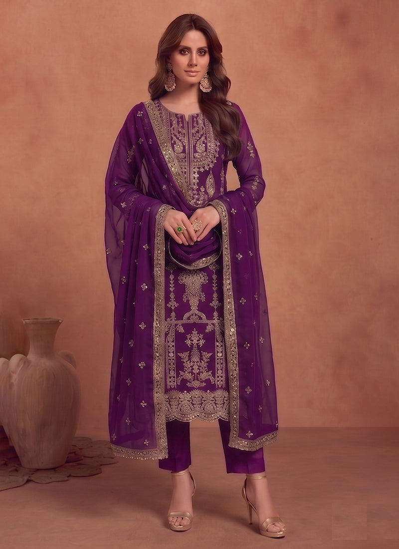 Purple Embroidery Georgette Pakistani Style Pant Suit