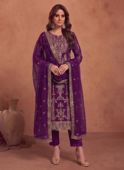 Purple Embroidery Georgette Pakistani Style Pant Suit