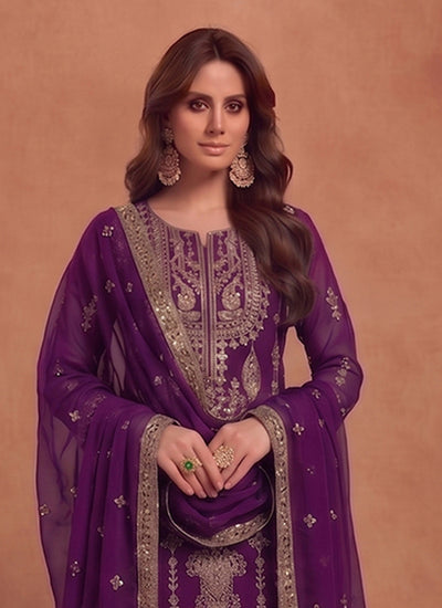 Purple Embroidery Georgette Pakistani Style Pant Suit