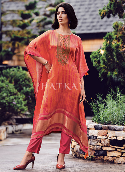 Orange Embroidery Kaftan Style Pant Suit