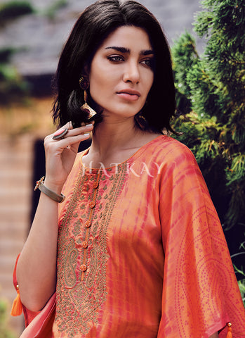 Orange Embroidery Kaftan Style Pant Suit