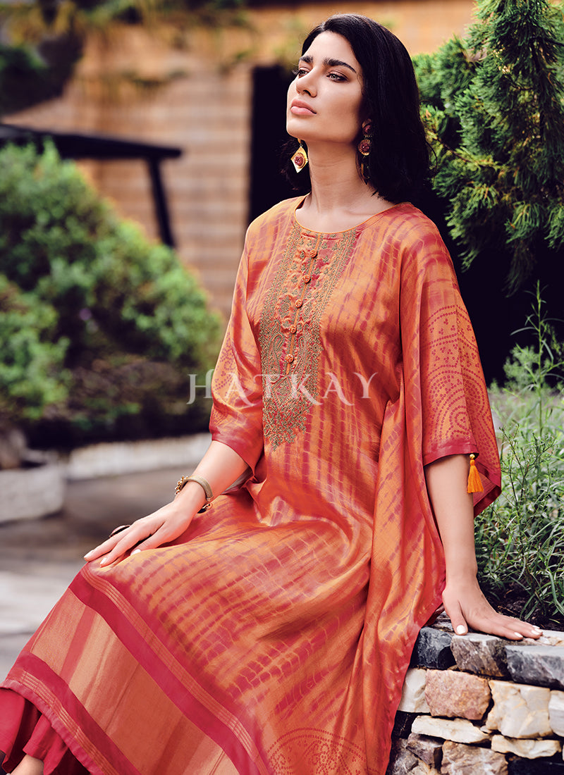 Orange Embroidery Kaftan Style Pant Suit