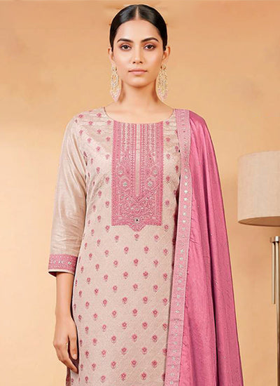 Cream and Pink Embroidered Pant Style Salwar Suit