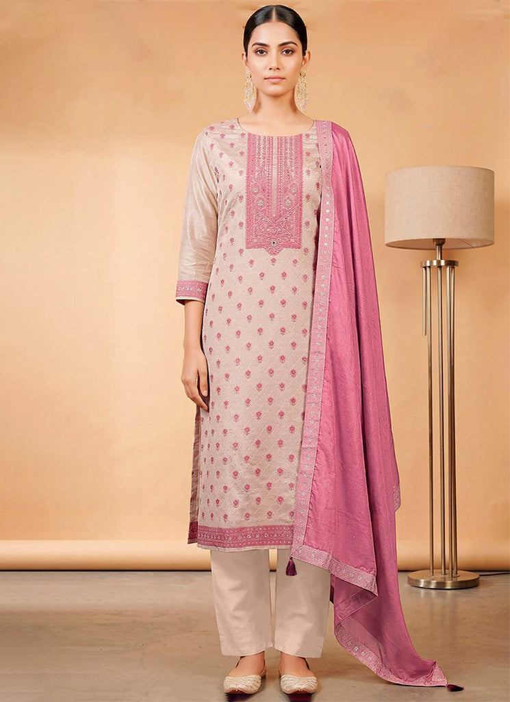 Cream and Pink Embroidered Pant Style Salwar Suit