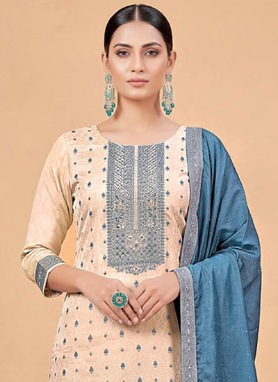 Cream and Blue Embroidered Pant Style Salwar Suit