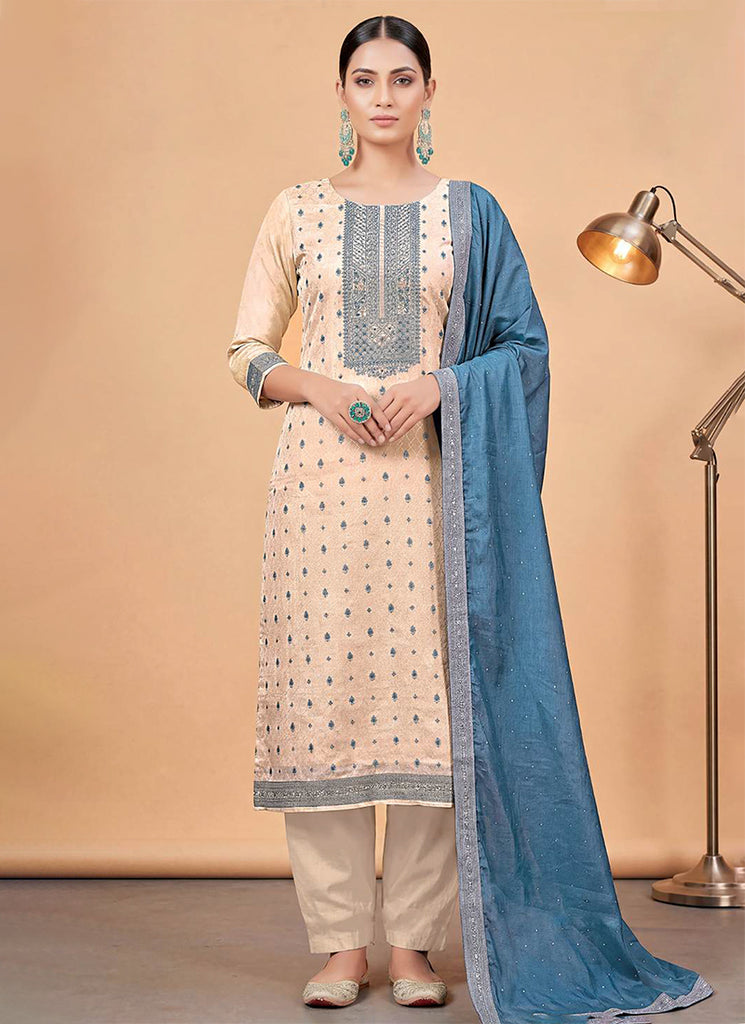 Cream and Blue Embroidered Pant Style Salwar Suit