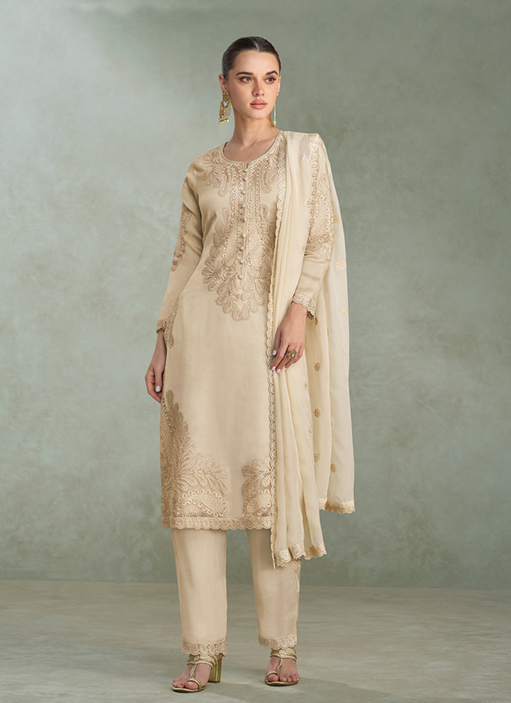Cream Embroidered Chinnon Silk Pant Style Suit