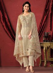 Beige Embroidery Pant Style Suit