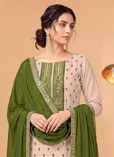 Cream and Green Embroidered Pant Style Salwar Suit