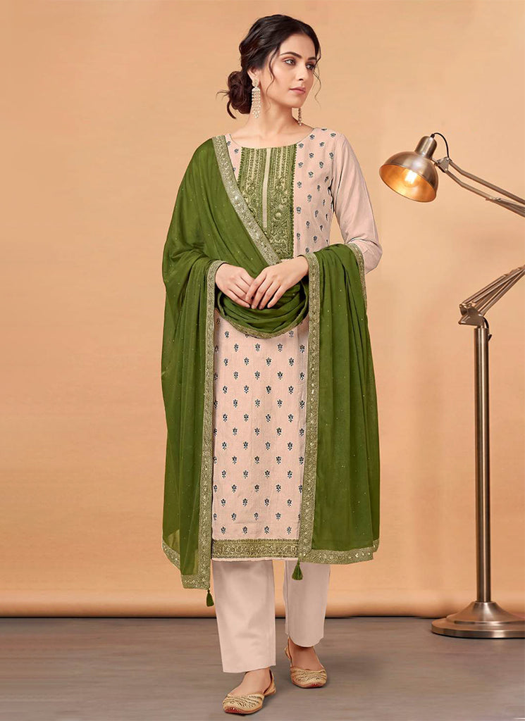 Cream and Green Embroidered Pant Style Salwar Suit