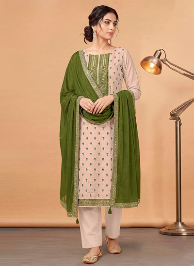 Cream and Green Embroidered Pant Style Salwar Suit