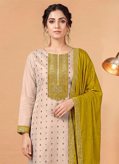 Cream and Mustard Embroidered Pant Style Salwar Suit
