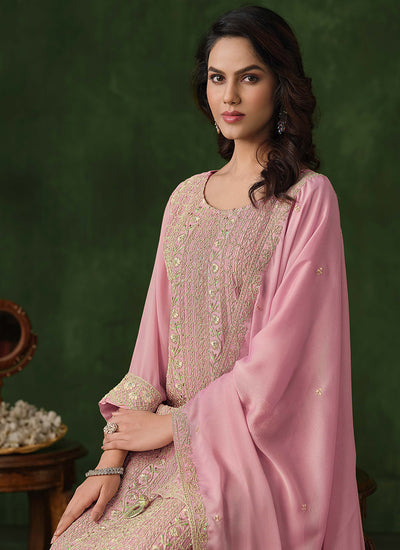 Light Pink Embroidery Traditional Pant Style Suit