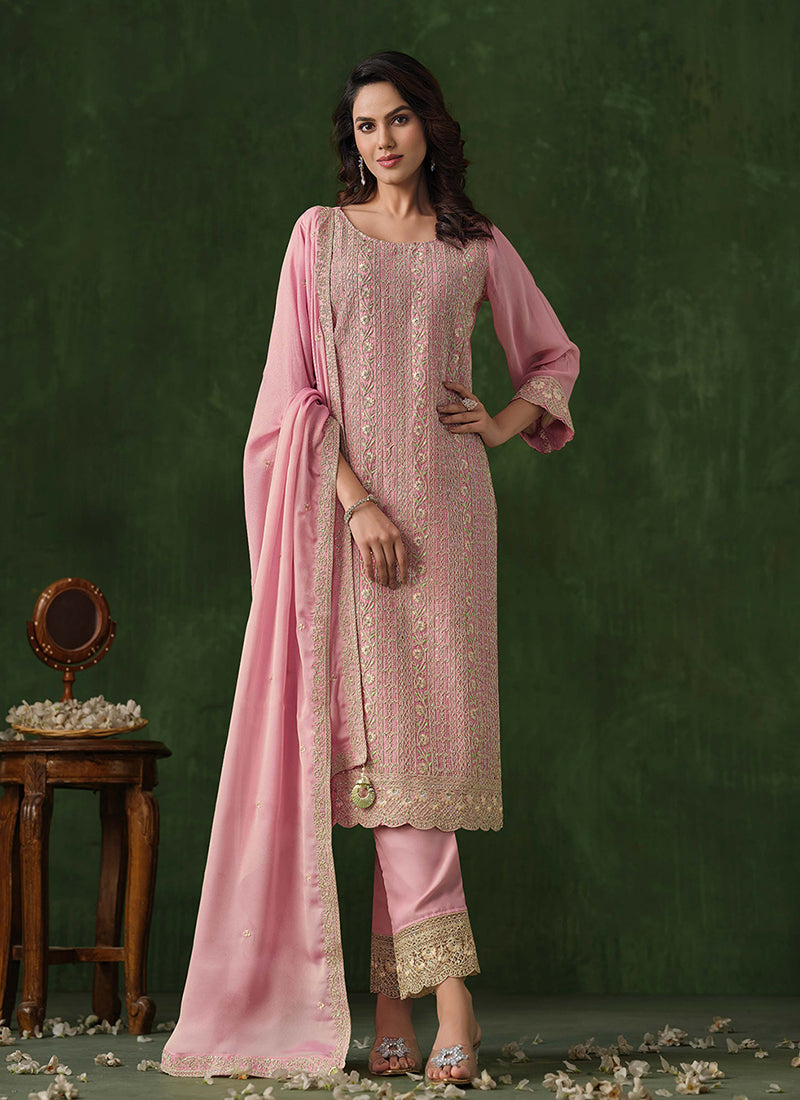 Light Pink Embroidery Traditional Pant Style Suit