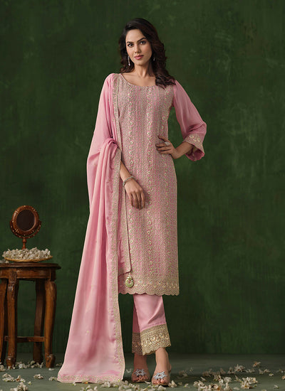 Light Pink Embroidery Traditional Pant Style Suit