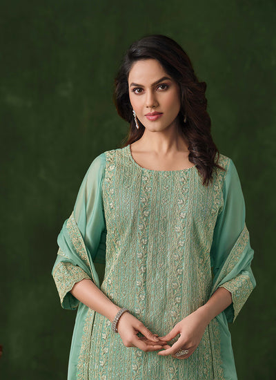 Sea Green Embroidery Traditional Pant Style Suit