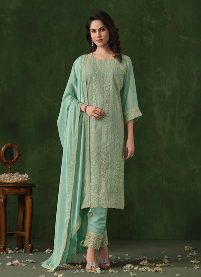 Sea Green Embroidery Traditional Pant Style Suit