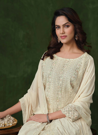 Off White Embroidery Traditional Pant Style Suit