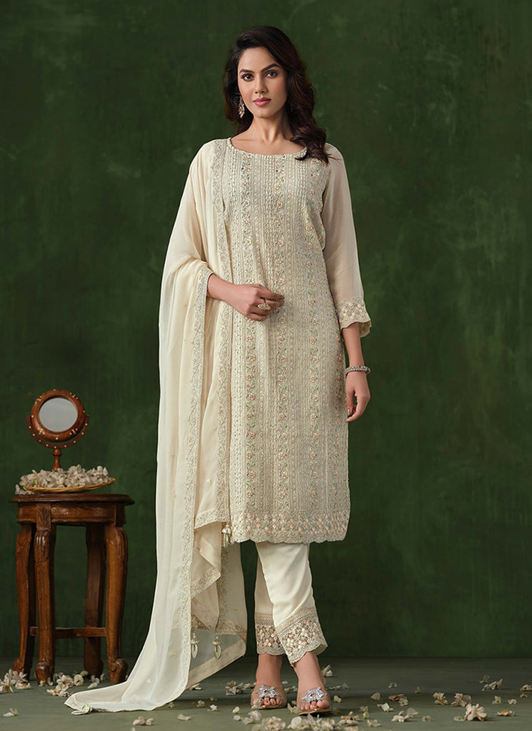 Off White Embroidery Traditional Pant Style Suit
