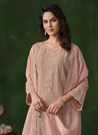 Baby Pink Embroidery Traditional Pant Style Suit