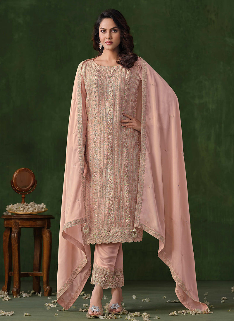 Baby Pink Embroidery Traditional Pant Style Suit