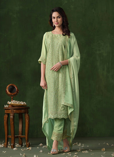 Light Green Embroidery Traditional Pant Style Suit