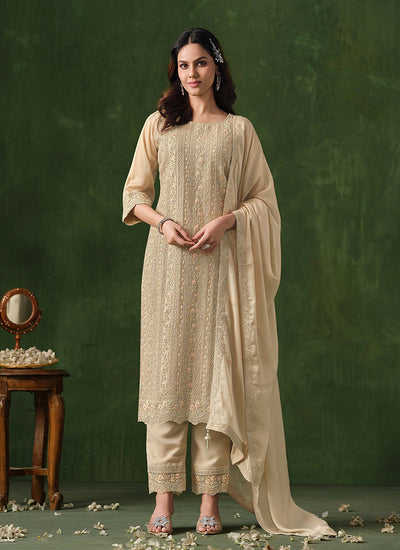 Cream Beige Embroidery Traditional Pant Style Suit