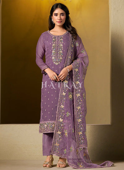 Purple Multi Embroidery Pakistani Pant Style Suit