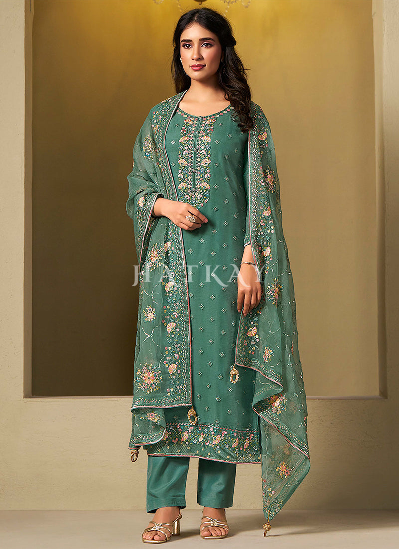 Green Multi Embroidery Pakistani Pant Style Suit