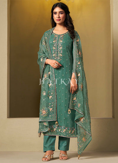 Green Multi Embroidery Pakistani Pant Style Suit