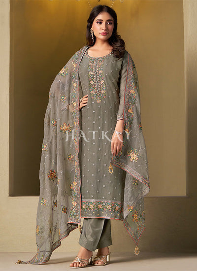 Grey Multi Embroidery Pakistani Pant Style Suit
