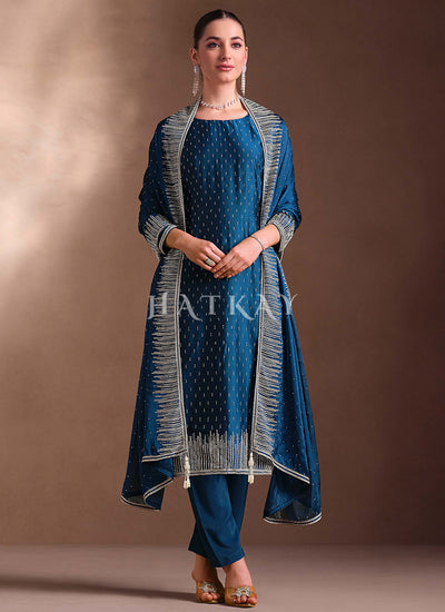 Royal Blue Embroidered Pant Style Suit