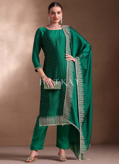Dark Green Embroidered Pant Style Suit
