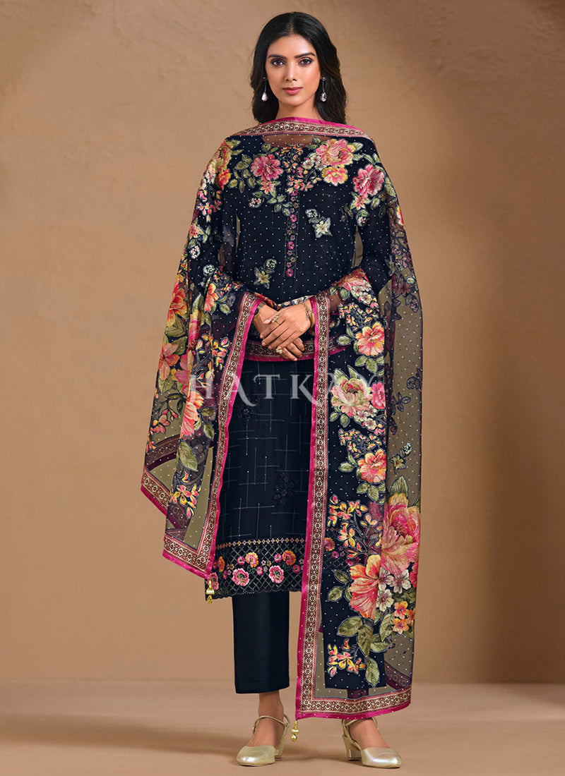 Dark Blue Floral Embroidery Salwar Kameez
