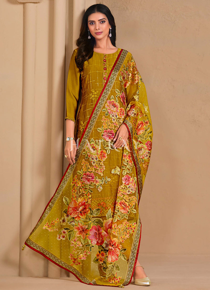 Mustard Yellow Floral Embroidery Salwar Kameez
