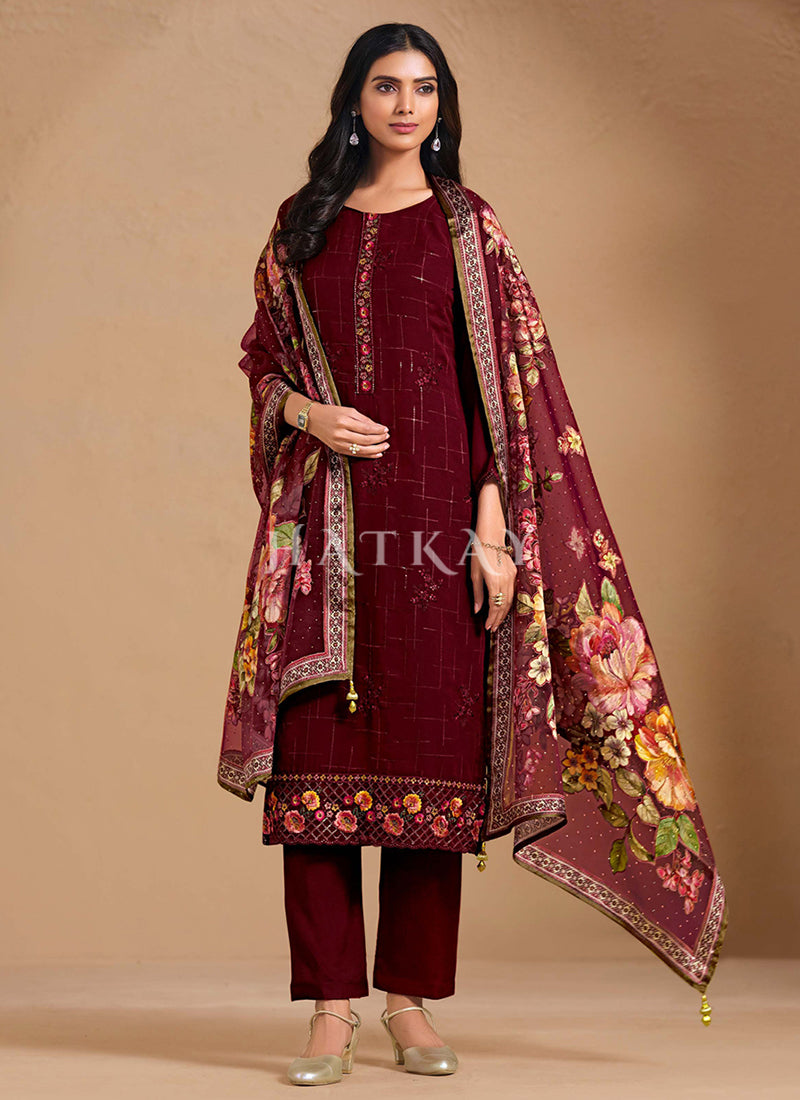 Maroon Floral Embroidery Salwar Kameez