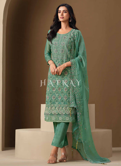 Sea Green Embroidery Pant Style Suit